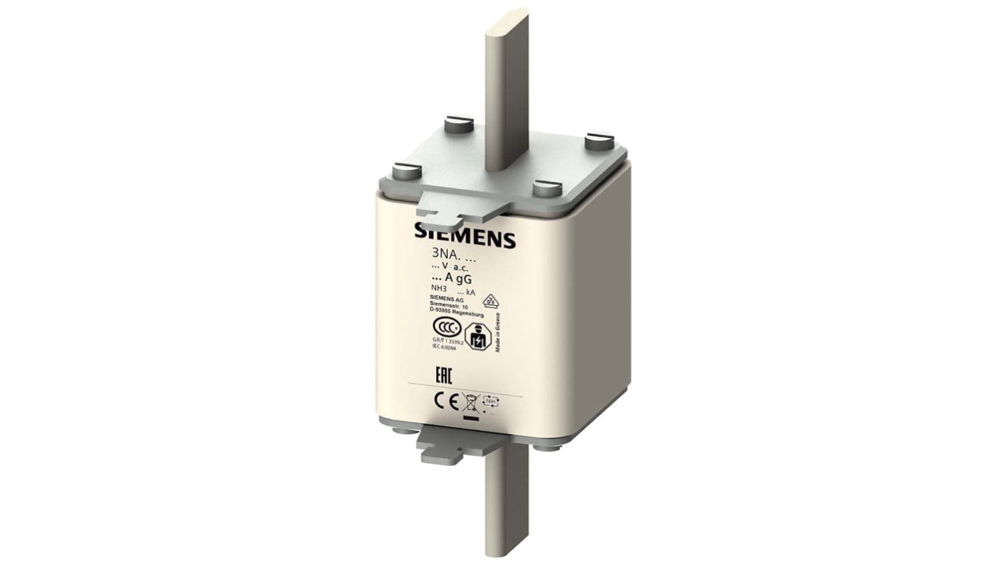 Fusibile NH3 Siemens 355A, tensione 500V, categoria gG, montaggio verticale, dimensioni 147.6mm x 57mm.