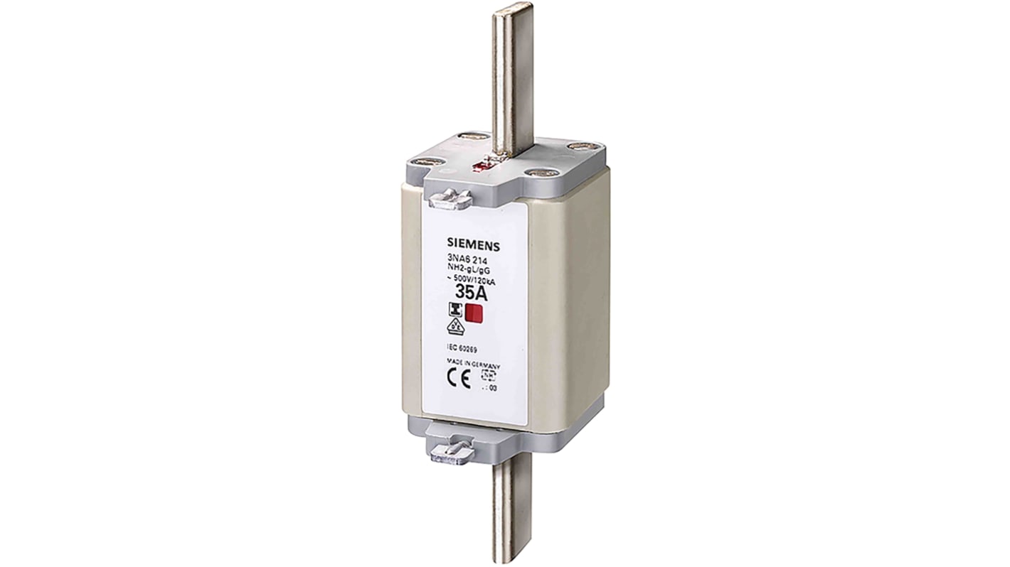 Fusibile NH2 Siemens 3NA6230, 100A, 500V, montaggio verticale, dimensioni 151x75x47mm, contatti placcati argento.