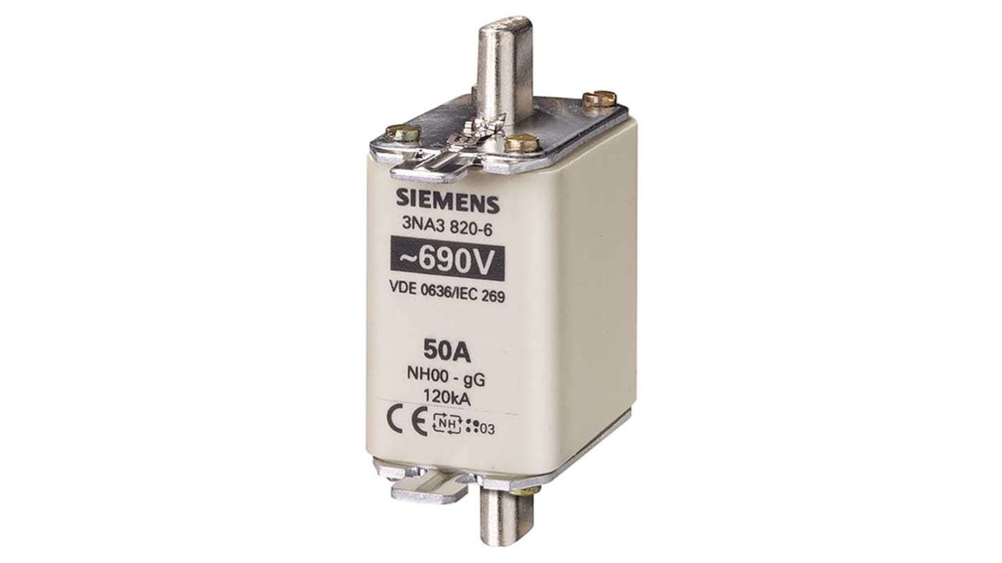 Fusibile NH00 Siemens 3NA3824-6, 80A, 690V, montaggio verticale, dimensioni 77.8x49.7x30mm, contatto placcato argento.
