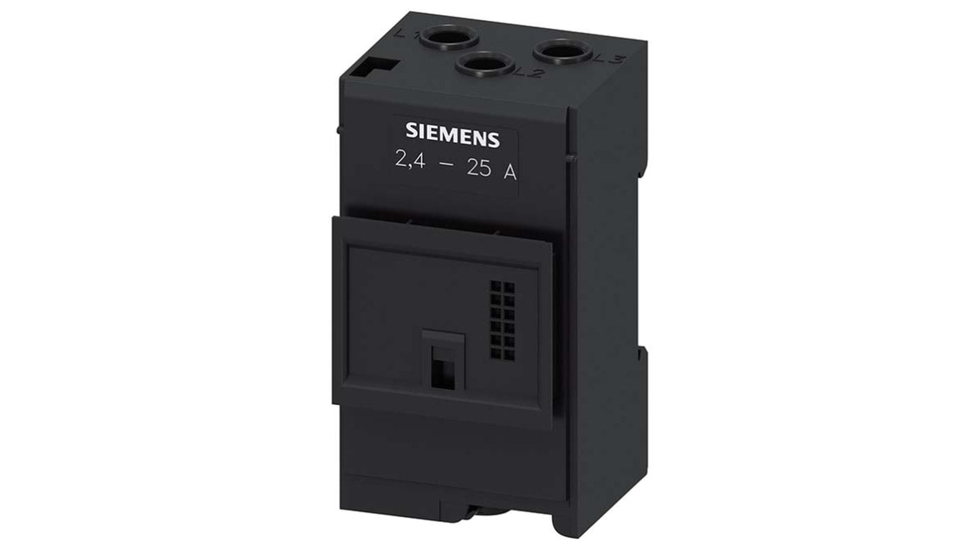 Trasformatore di corrente Siemens 3RB2906-2DG1, montaggio indipendente, rapporto 25:1, per applicazioni 2,4-25A, dimensioni 83x45.3mm.