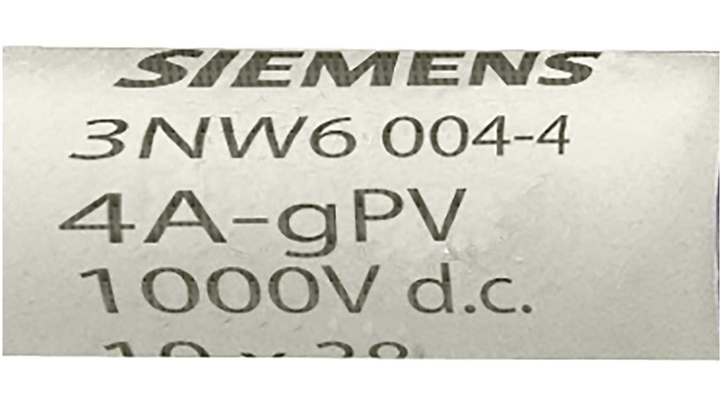 Fusibile a cartuccia Siemens 3NW6003-4, 10A, 1000V cc, montaggio verticale, dimensioni 10 x 38mm, classe gPV.