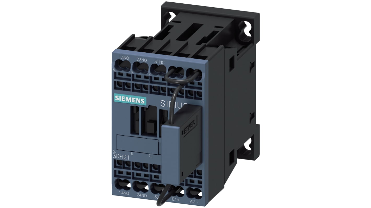 Contattore Siemens 3RH2122-2KB40-0LA0, 2NO + 1NC, 10 A, 24 V c.c., IP20, -25 a +60 °C, con diodo soppressore integrato.