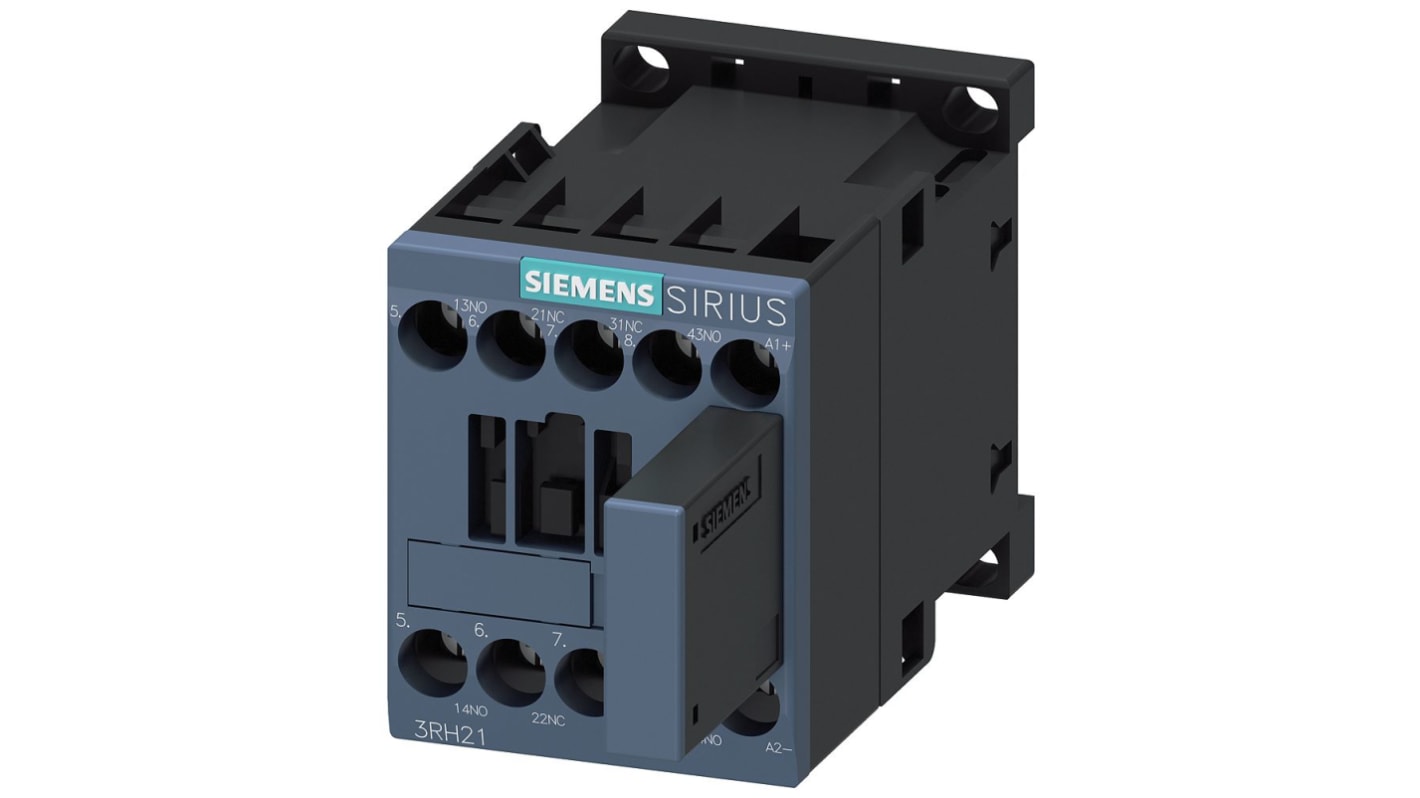 Contattore Siemens 3RH2122-1QB40, 2 NO + 2 NC, 10 A, 24 V c.c., design fusibile, IP20, serie SIRIUS.