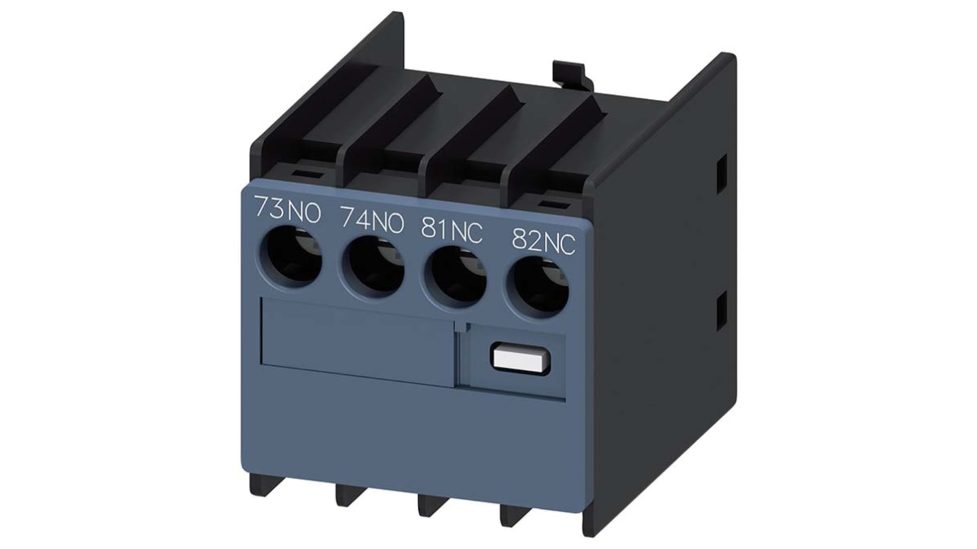 Contatto ausiliario Siemens 3RH2911-1LA11 con 2 contatti, montaggio a innesto, 10A, 17V c.c. Ideale per circuiti ausiliari e di controllo.