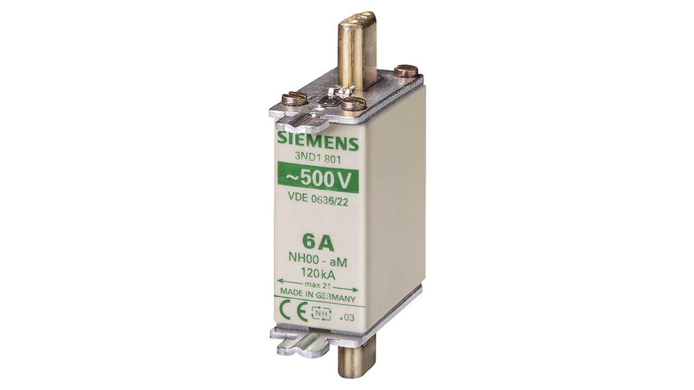 Fusibile NH000 aM Siemens 3ND1824, 80A, 500V, montaggio verticale, contatti placcati argento, classe di protezione IP20.