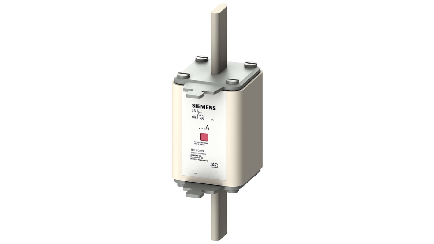 Fusibile NH2 Siemens 3NA7232, 125A, 500V, montaggio verticale, dimensioni 147.6x72.4x46.6mm, contatti placcati argento.