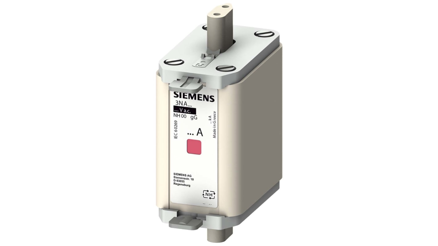Fusibile NH00 Siemens 3NA6822-6, 63A, velocità F, montaggio verticale, dimensioni 80x54x30mm, contatti placcati argento.