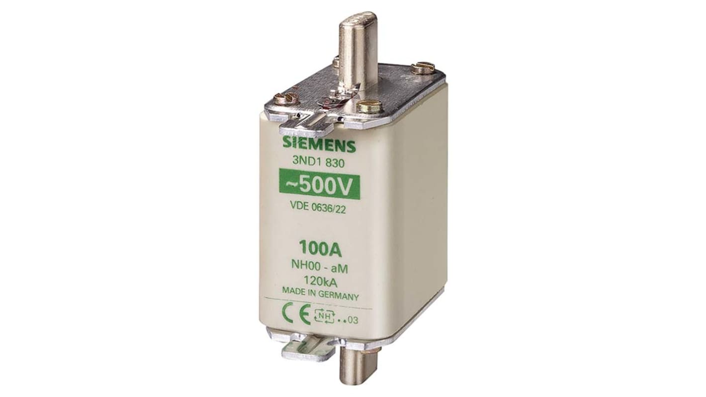 Fusibile NH00 aM Siemens 125A, tensione 500V, montaggio verticale, contatti placcati argento, classe di protezione IP20.