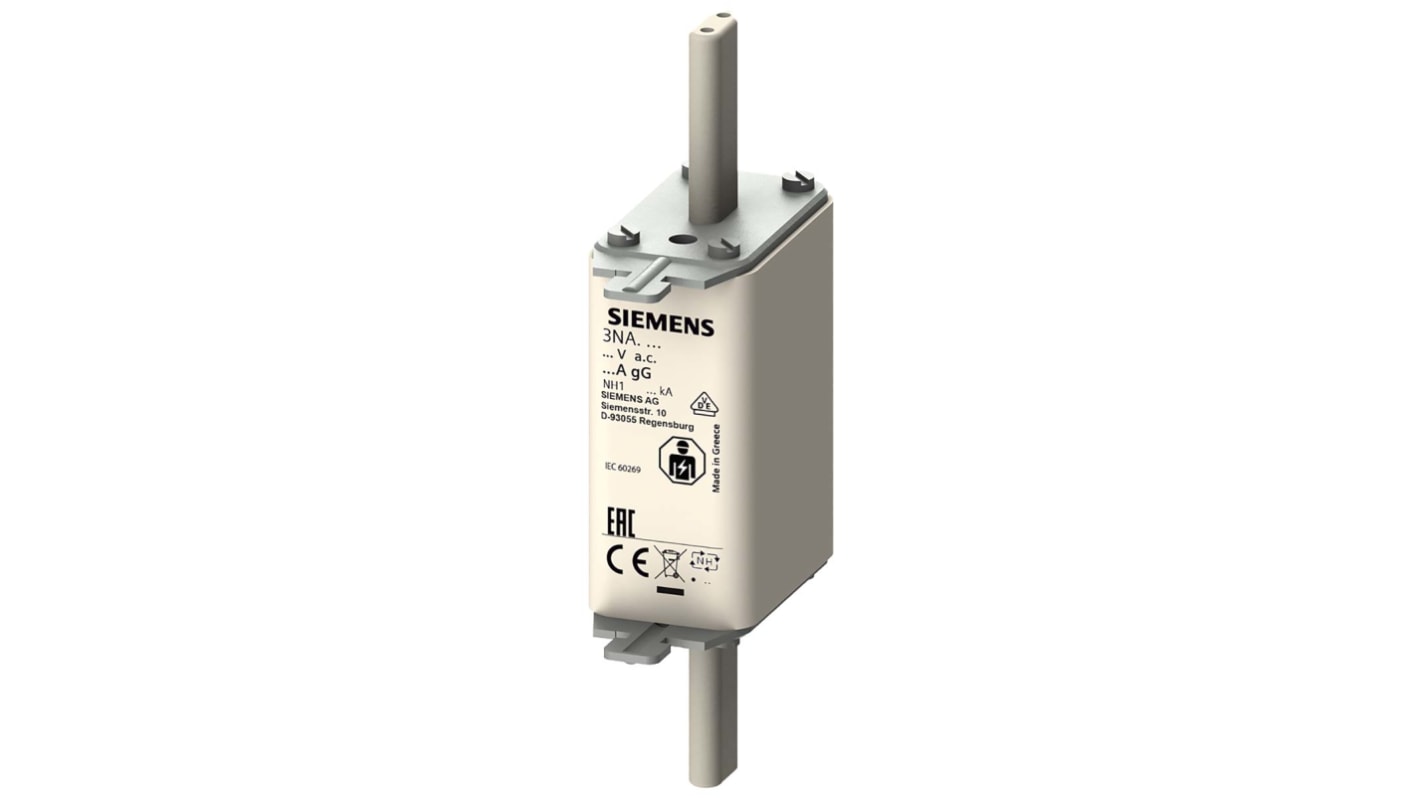Fusibile NH1 Siemens 3NA3105, 16A, 500V, montaggio verticale, lunghezza 134mm, contatti placcati argento, classe di protezione IP20.