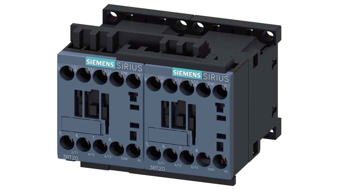 Contattore reversibile Siemens 3RA2316-8XB30-1AP0, 3 poli, 9 A, bobina 230 V, montaggio su guida 35 mm.