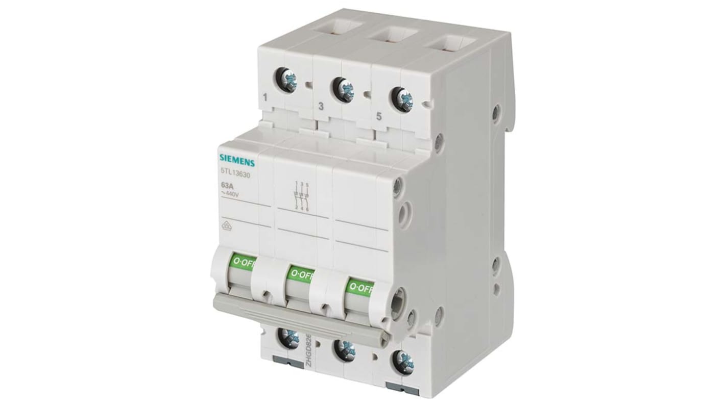 Interruttore di isolamento Siemens 5TL1363-0, 3 poli, 63A, 440V, montaggio a vite, profondità 70mm, temperatura -5°C/+40°C.