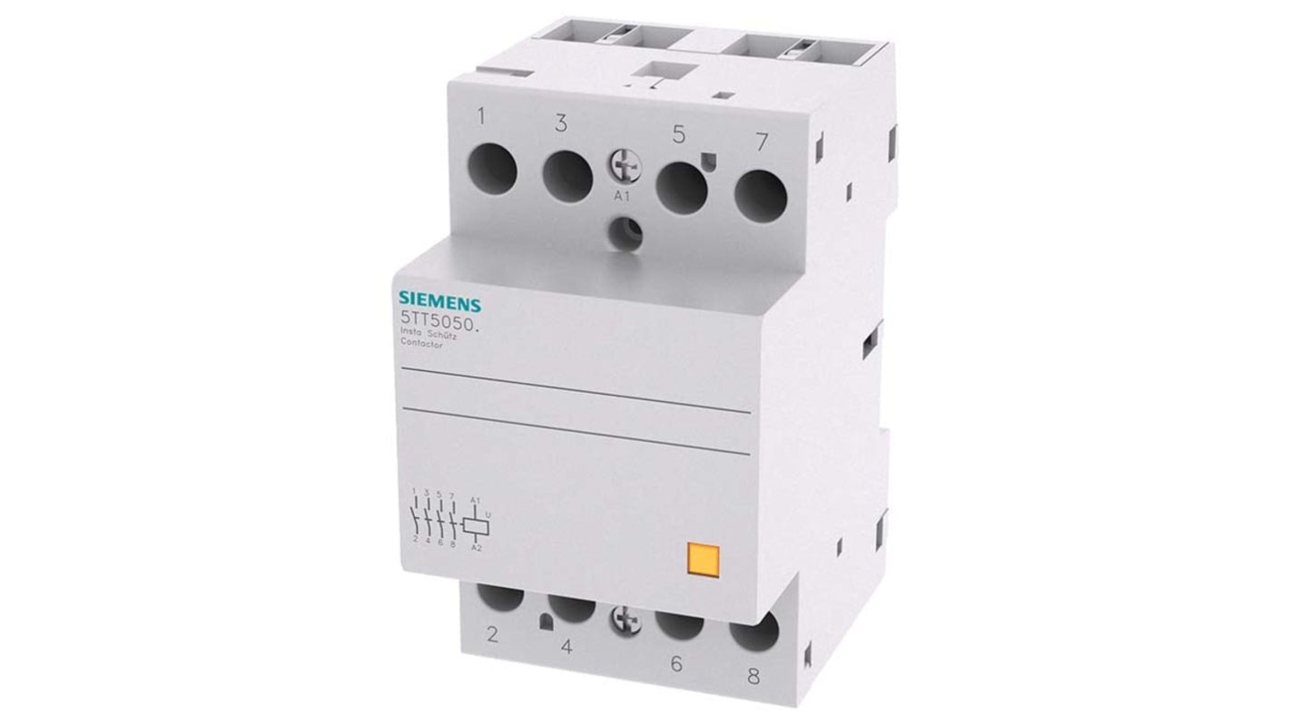 Contattore reversibile Siemens 5TT5850-0, 4 poli, 63 A, bobina 230 V c.a., montaggio su guida 35 mm, classe IP20.