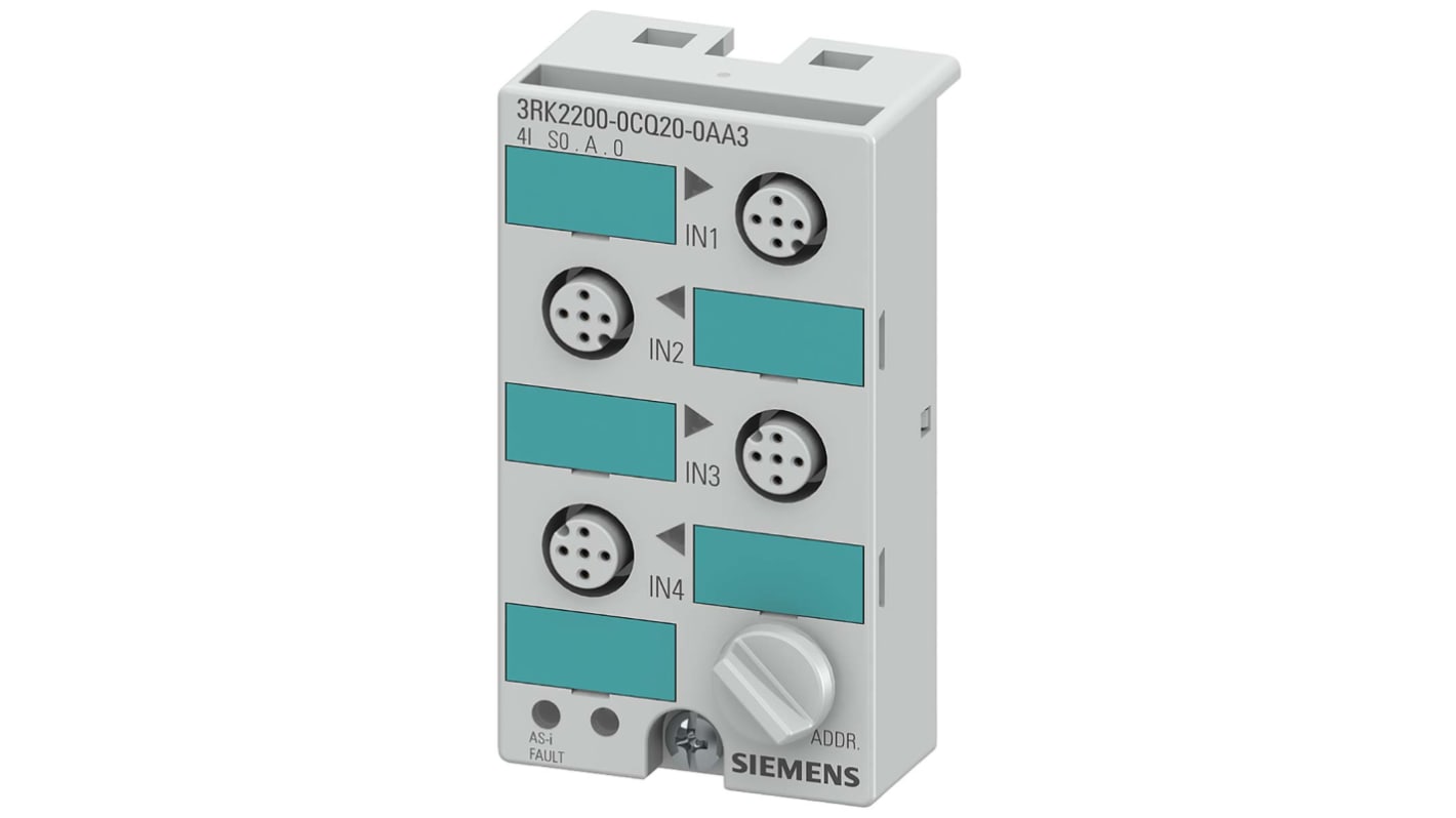 Modulo I/O digitale Siemens 3RK2200-0CQ20-0AA3, compatto, IP67, 4 ingressi PNP, dimensioni 80 x 45 x 30 mm.