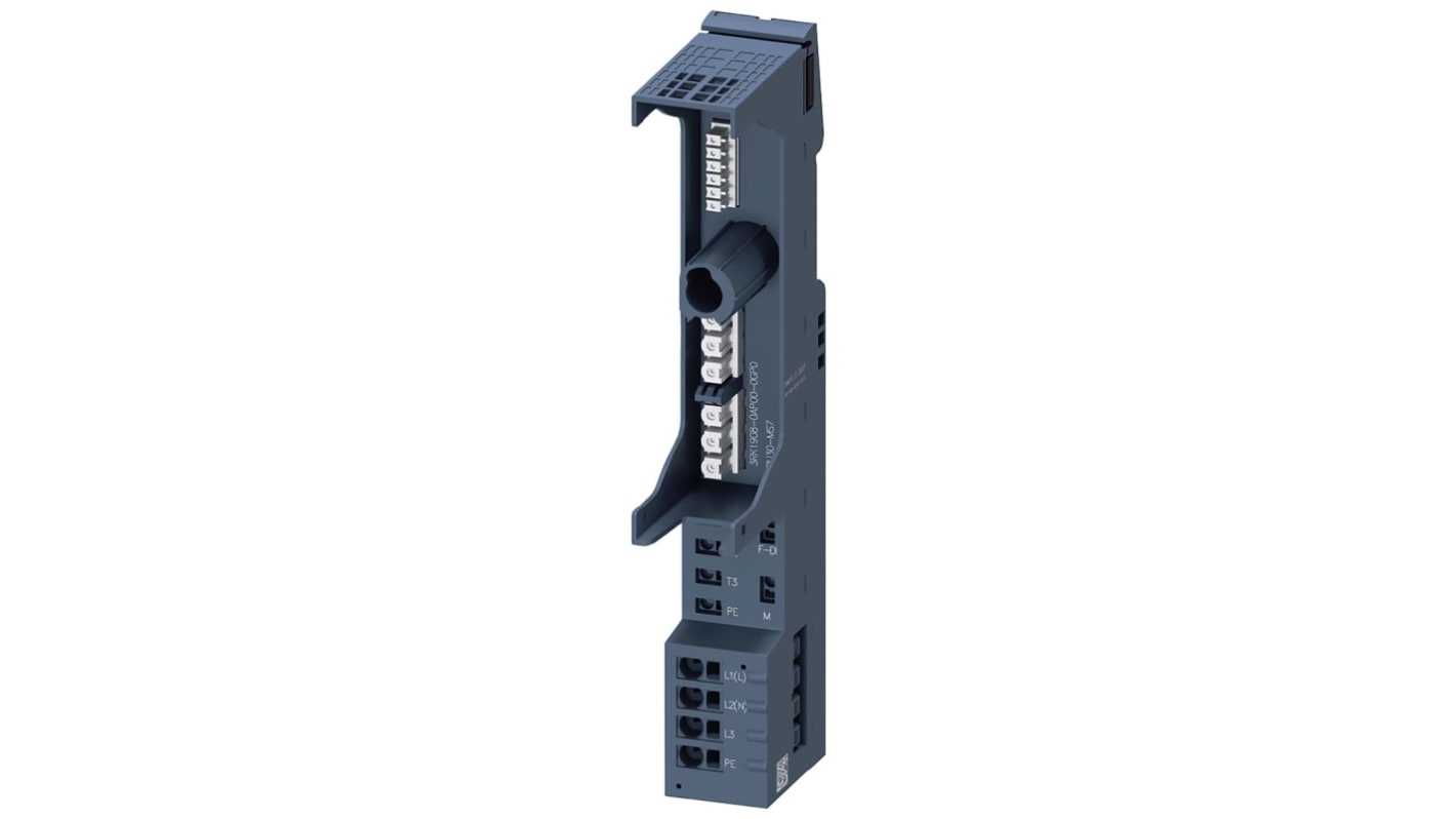 Unità base Siemens 3RK1908-0AP00-0GP0 per avviatori motore ET 200SP, montaggio su guida, IP20, temperatura -25 a +60°C.
