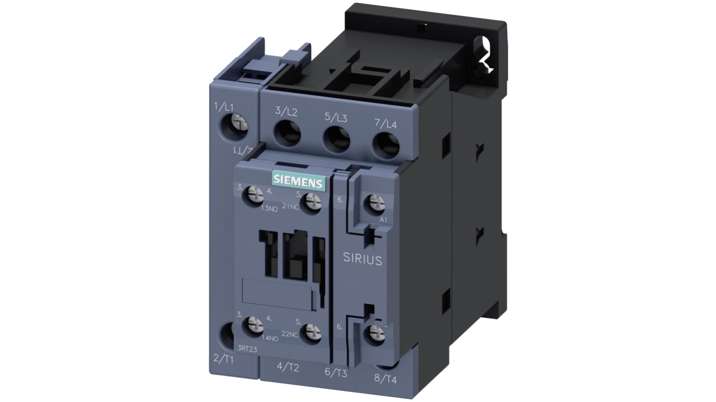 Contattore reversibile Siemens 3RT2325-1AP00, 4 poli, 35 A, 7,5 kW, montaggio su guida 35 mm, temperatura -25 °C a +60 °C.