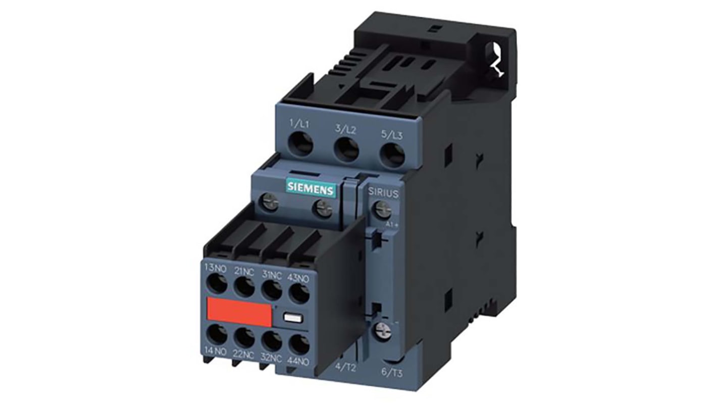 Contattore Siemens 3RT2025-1DB44-3MA0, 3 poli, 17A, 7,5 kW, 24V c.c. Reversibile per climi fino a +60 °C. Uso industriale.