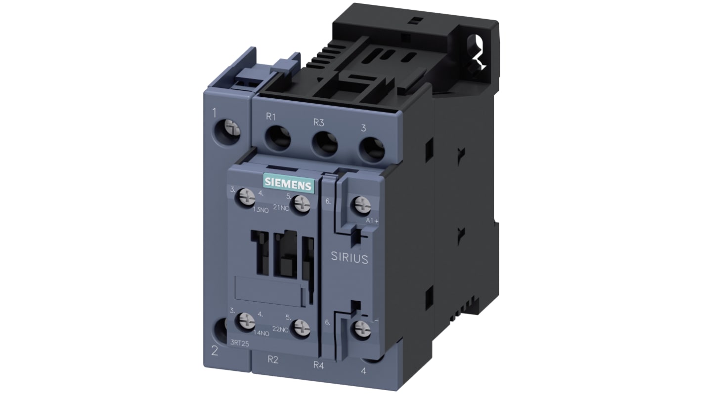 Contattore reversibile Siemens 3RT2526-1BB40, 4 poli, 25 A, 11 kW, montaggio a vite su guida 35 mm, grado di protezione climatica.