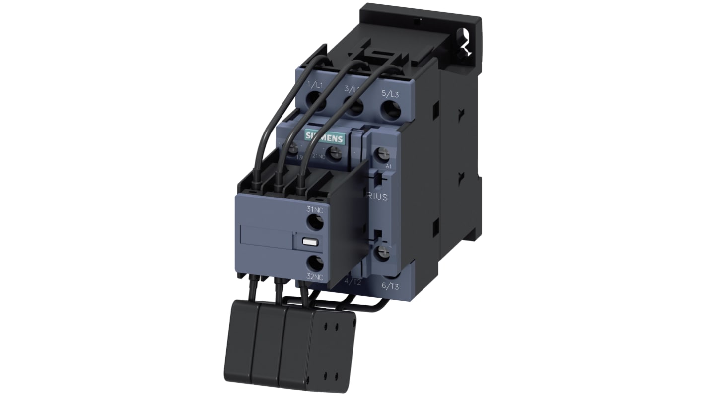 Contattore reversibile Siemens 3RT2627-1AP05, 3 poli, 1NO + 2NC, bobina 230 V c.a., montaggio su guida 35 mm.