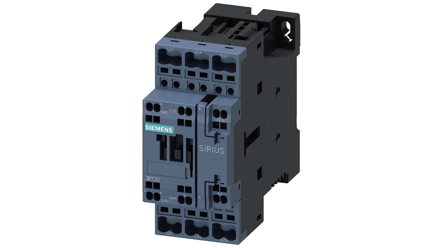 Contattore reversibile Siemens 3RT2025-2KB40, 3 poli, 17 A, 7,5 kW, tensione 24 V c.c., con terminale a molla e montaggio snap-on.