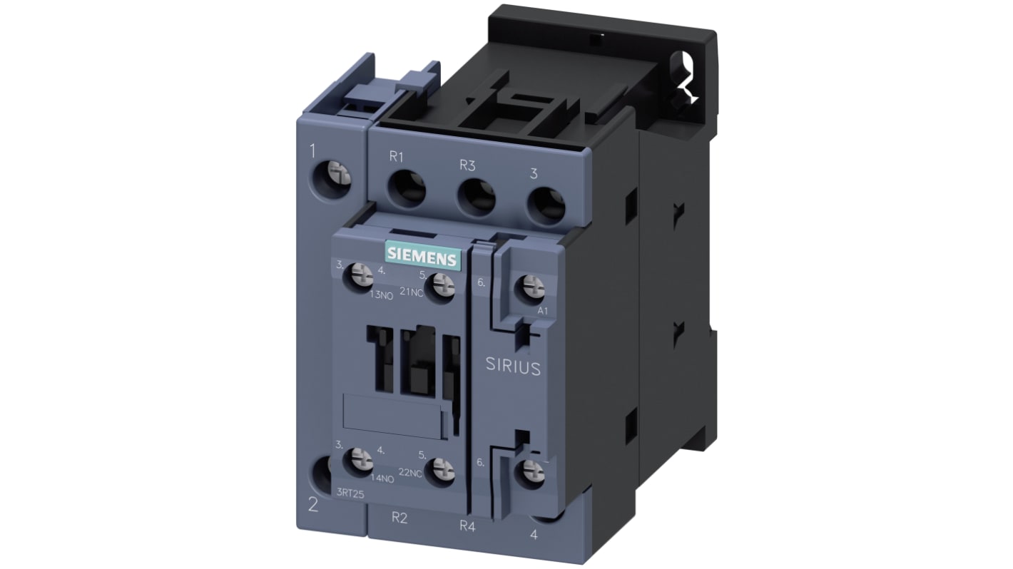 Contattore reversibile Siemens 3RT2526-1AP00, 4 poli, 25 A, 11 kW, montaggio su guida 35 mm, temperatura -25 °C a +60 °C.