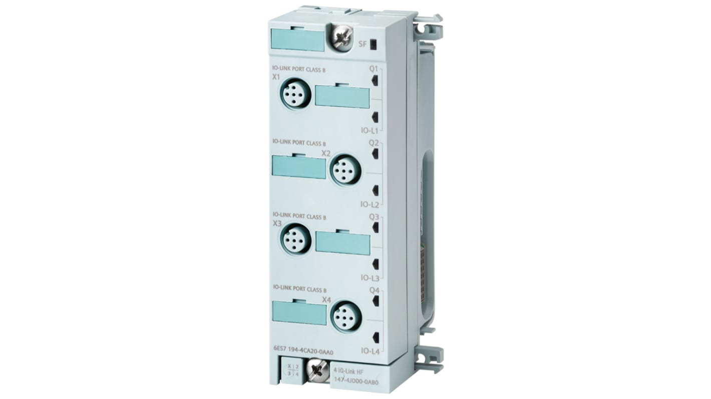 Scatola sensori Siemens 6ES7194-4CA20-0AA0, 4 porte M12, compatibile IO-Link, struttura robusta per ambienti industriali.