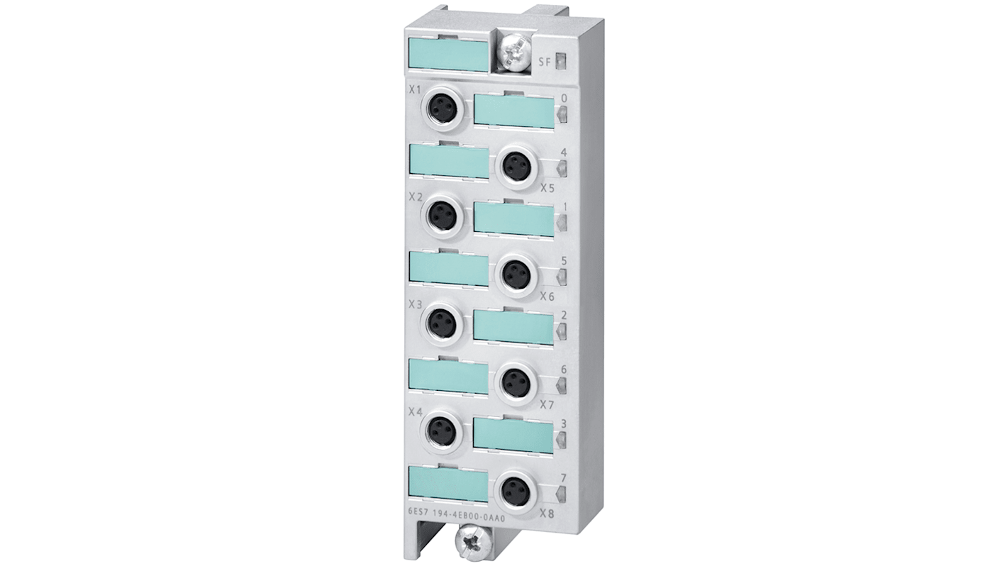 Zoccolo relè Siemens 6ES7194-4EB00-0AA0 per moduli elettronici digitali ET 200 PRO, dimensioni 45mm x 130mm x 39mm, peso 310g.