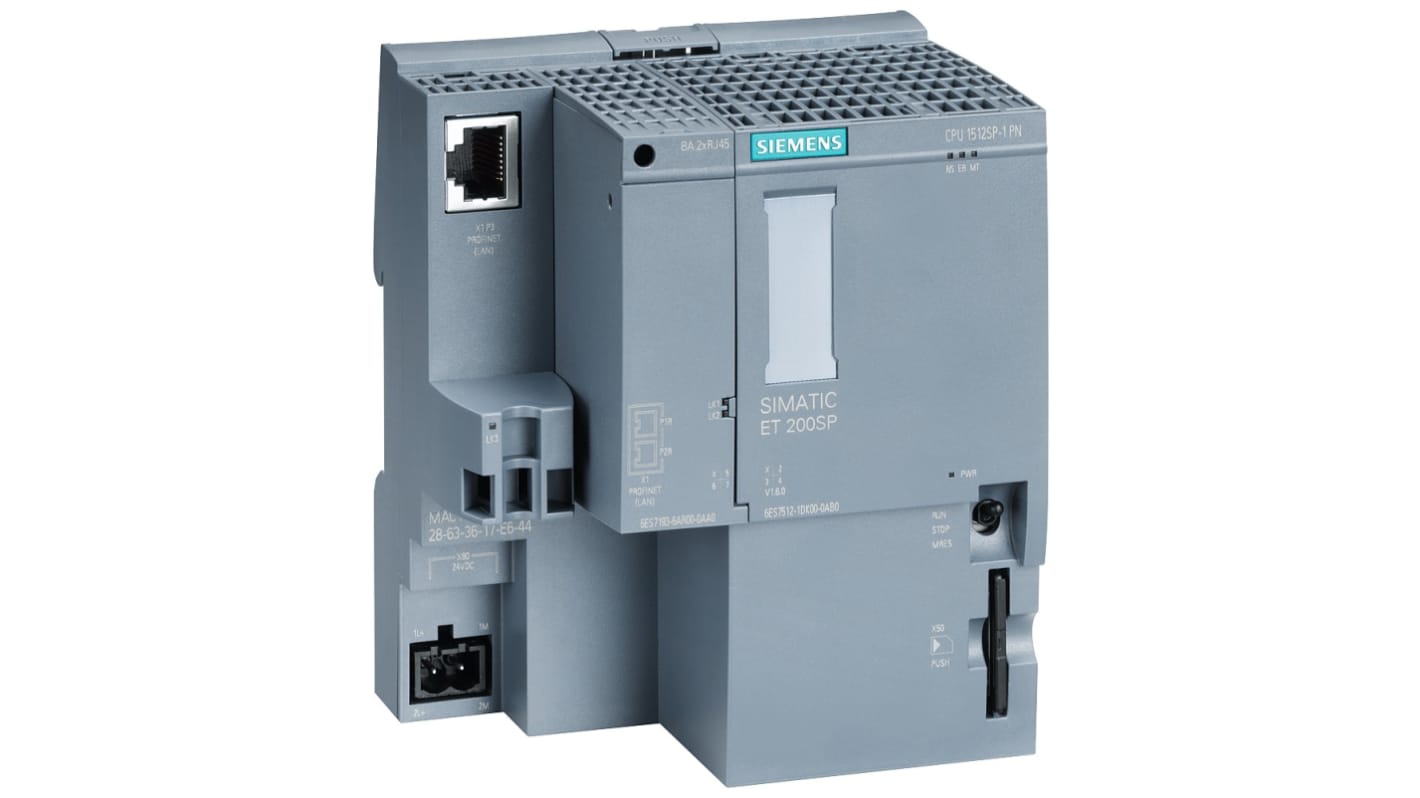 CPU PLC Siemens 6ES7512-1DK01-0AB0 con 20 ingressi/uscite 24V c.c. per automazione industriale. Compatibile Ethernet, versatile e compatta.