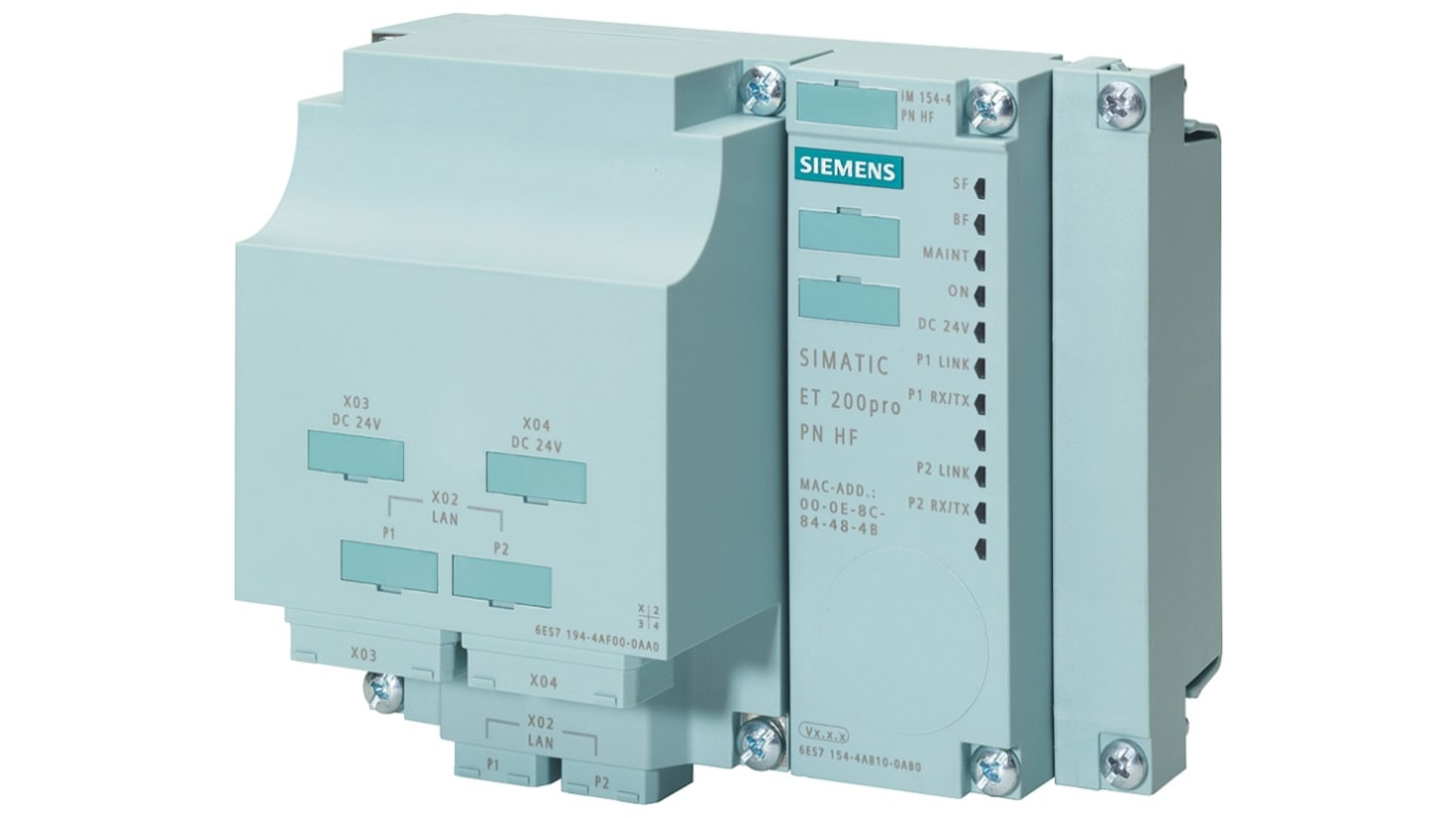 Zoccolo relè Siemens 6ES7194-4AF00-0AA0 per modulo interfaccia PROFINET, dimensioni 90x130x51mm, connessione 2xRJ45.
