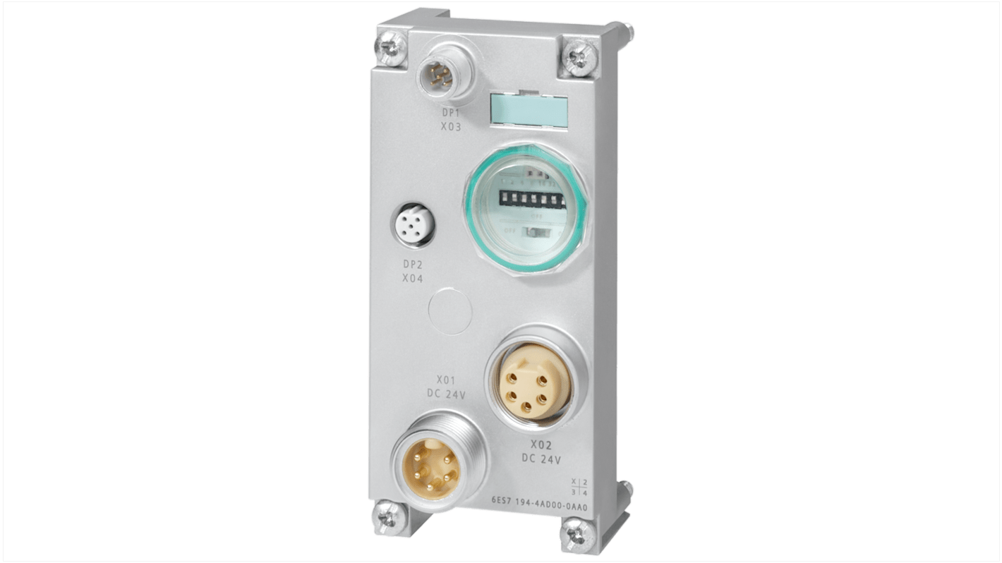 Siemens 6ES7194-4AD00-0AA0, zoccolo relè per interfaccia PROFIBUS, dimensioni 60x130x60mm, con connessioni M12 e 7/8".