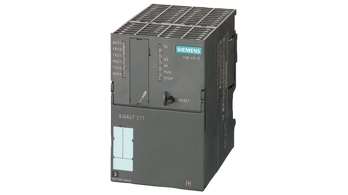 Modulo di comunicazione Siemens 6NH7800-4BA00 per RF18xC, con interfacce RS232/RS485 e ingressi/uscite analogiche. Dimensioni 125 x 80 x 120 mm.