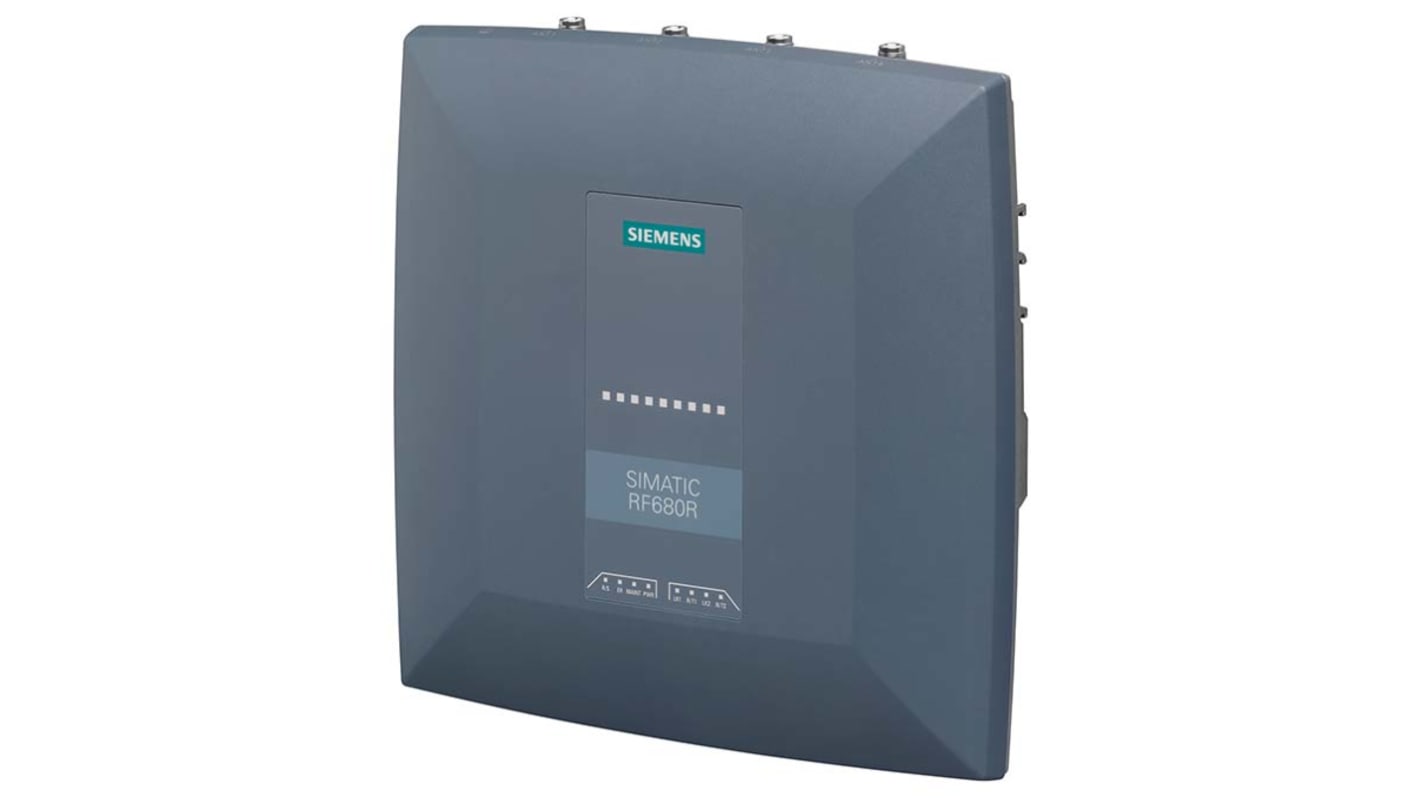 Lettore RFID Siemens 6GT2811-6AA10-0AA0, rilevamento fino a 8000 mm, dimensioni 258 x 258 x 80 mm, grado di protezione IP65.