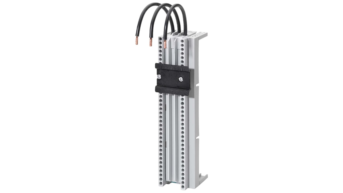 Barra di distribuzione Siemens 8US1251-5DM07 per interruttori automatici e relè di sovraccarico. Corrente 25A, tensione 690V, interasse 60mm.