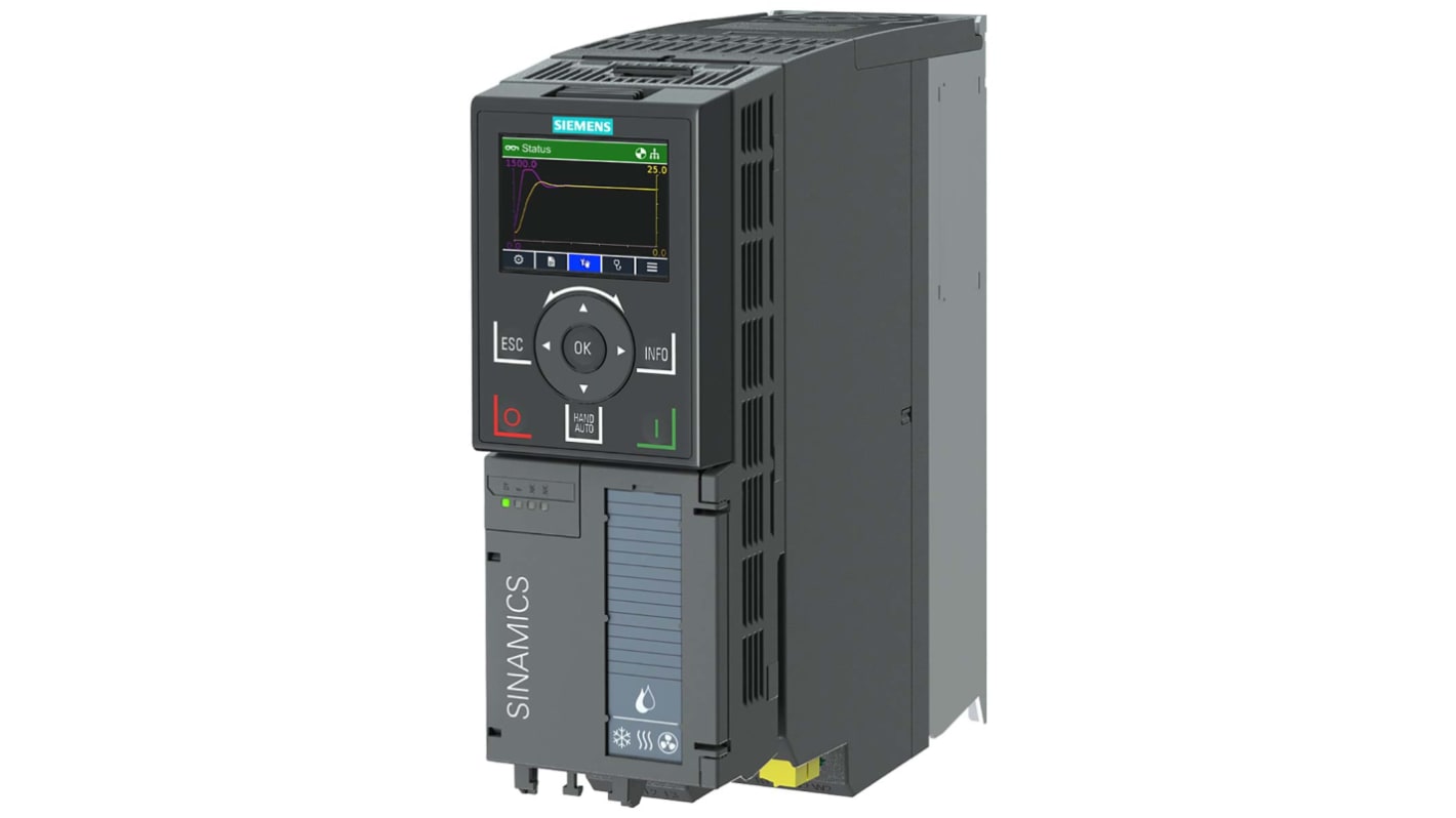 Convertitore di frequenza Siemens 6SL3220-1YE18-0AF0, potenza 3 kW, tensione 480 V, grado di protezione IP20.