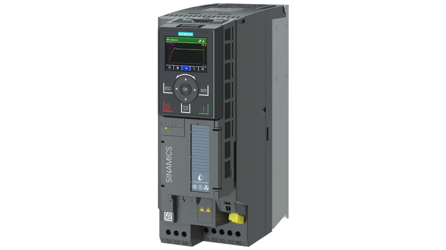 Convertitore di frequenza Siemens 6SL3220-2YE22-0AF0, potenza 5,5 kW, tensione 480 V, grado di protezione IP20.