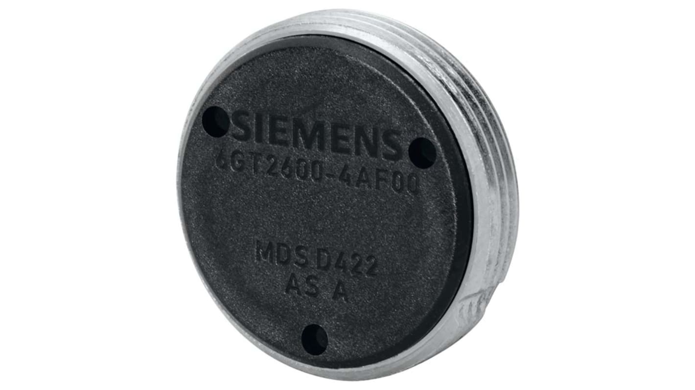 Transponder RFID Siemens 6GT2600-4AF00, dimensioni 20 x 6 mm, gamma di rilevamento 19 mm, classe di protezione IP68.