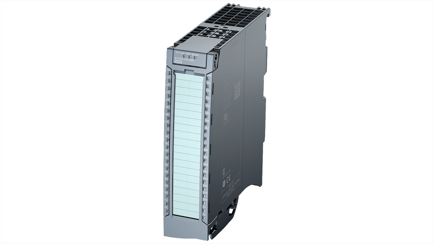 Modulo I/O digitale Siemens 6ES7552-1AA00-0AB0, 8 ingressi e 16 uscite, montaggio su guida DIN, dimensioni 147 x 35 x 129 mm.