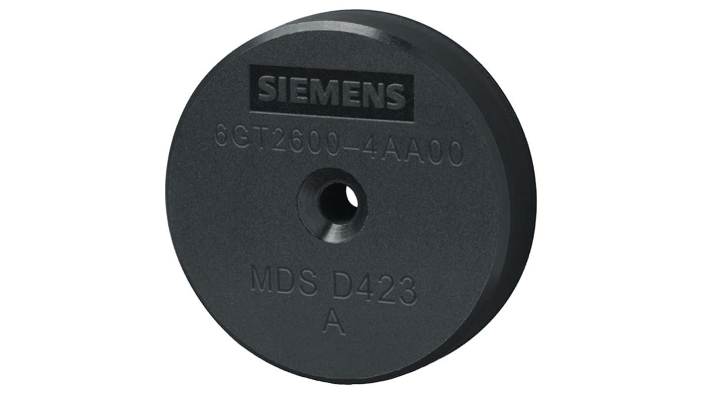 Transponder RFID Siemens 6GT2600-4AA00, dimensioni 30 x 8 mm, montaggio a vite M4, protezione IP68, 2000 byte di memoria.