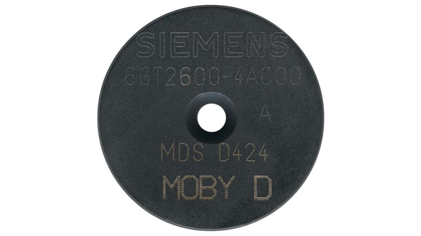 Transponder RFID Siemens 6GT2600-4AC00, dimensioni 27 x 4 mm, protezione IP67, montaggio con colla o vite M3.