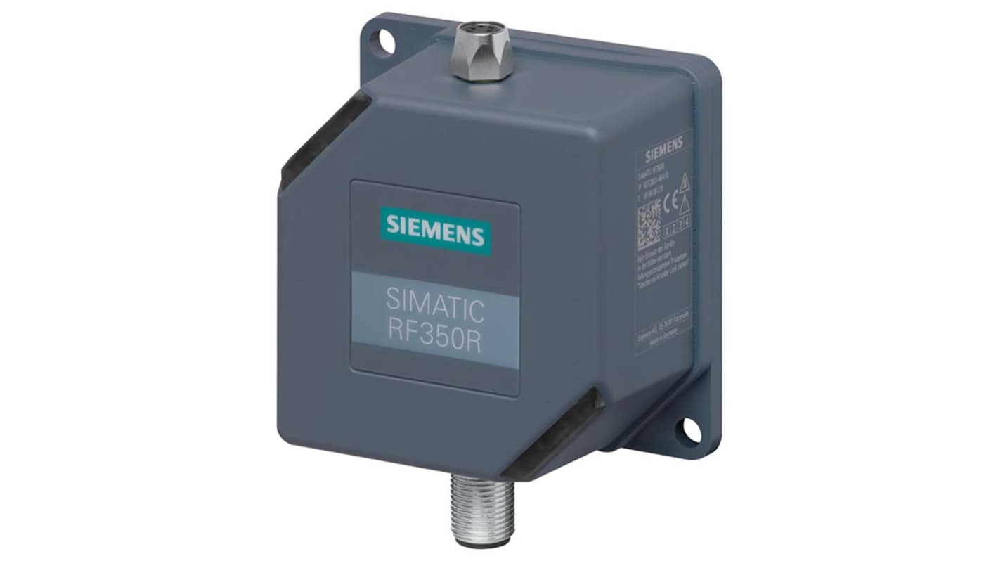 Lettore RFID Siemens 6GT2801-4BA10, dimensioni 75 x 75 x 41 mm, IP65, montaggio a vite M5, rilevamento fino a 140 mm.