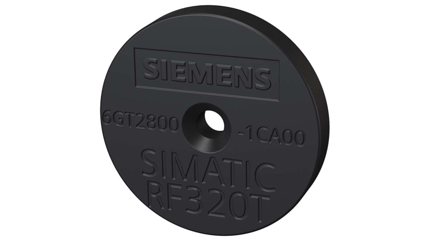 Transponder RFID Siemens 6GT2800-1CA00, dimensioni 27 x 4 mm, protezione IP67, capacità 20 byte, velocità 106 kbit/s.