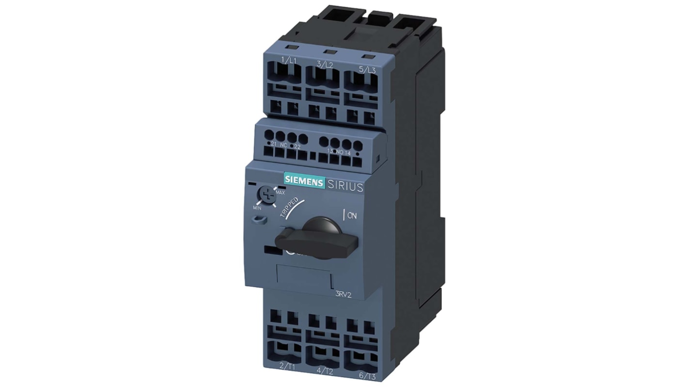 Interruttore automatico del motore Siemens 3RV2021-4BA25, corrente nominale 14-20 A, montaggio su guide 35 mm, temperatura -20/+60 °C.