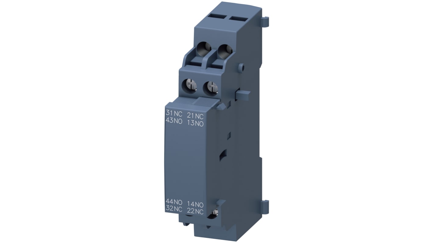 Siemens 3RV2901-1J, modulo contatti ausiliari 4 contatti, 2NC + 2NO, montaggio a innesto, dimensioni 90x68mm. Corrente nominale 10 A.