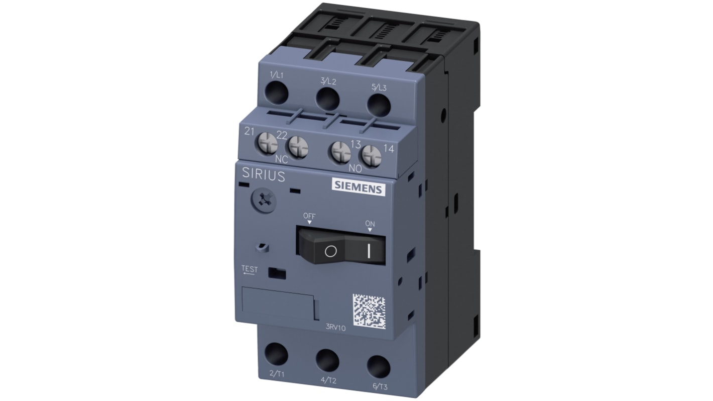 Interruttore automatico motore Siemens 3RV1011-1AA15, corrente 1,1-1,6 A, montaggio su guide 35 mm, temperatura -20/+60 °C.