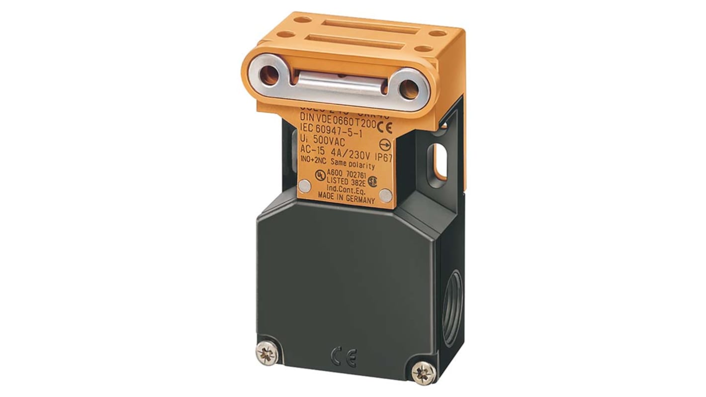 Interruttore di interblocco Siemens 3SE2243-0XX18, 2NC/1NA, custodia in plastica rinforzata, IP67, funzionamento laterale e frontale.
