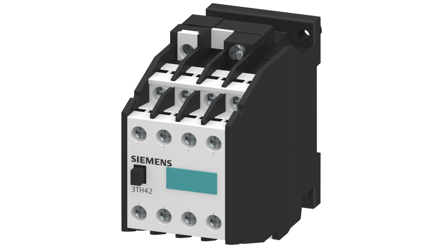 Relè contattore Siemens 3TH4262-0AP0, 6NO + 2NC, 10 A, bobina 230 V AC, protezione IP20, temperatura -25°C a 55°C.