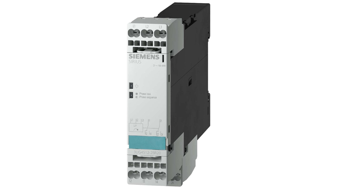 Relè di monitoraggio fase Siemens 3UG4512-2BR20, montaggio su guida DIN, display LED, dimensioni 22.5x94 mm, classe IP20.