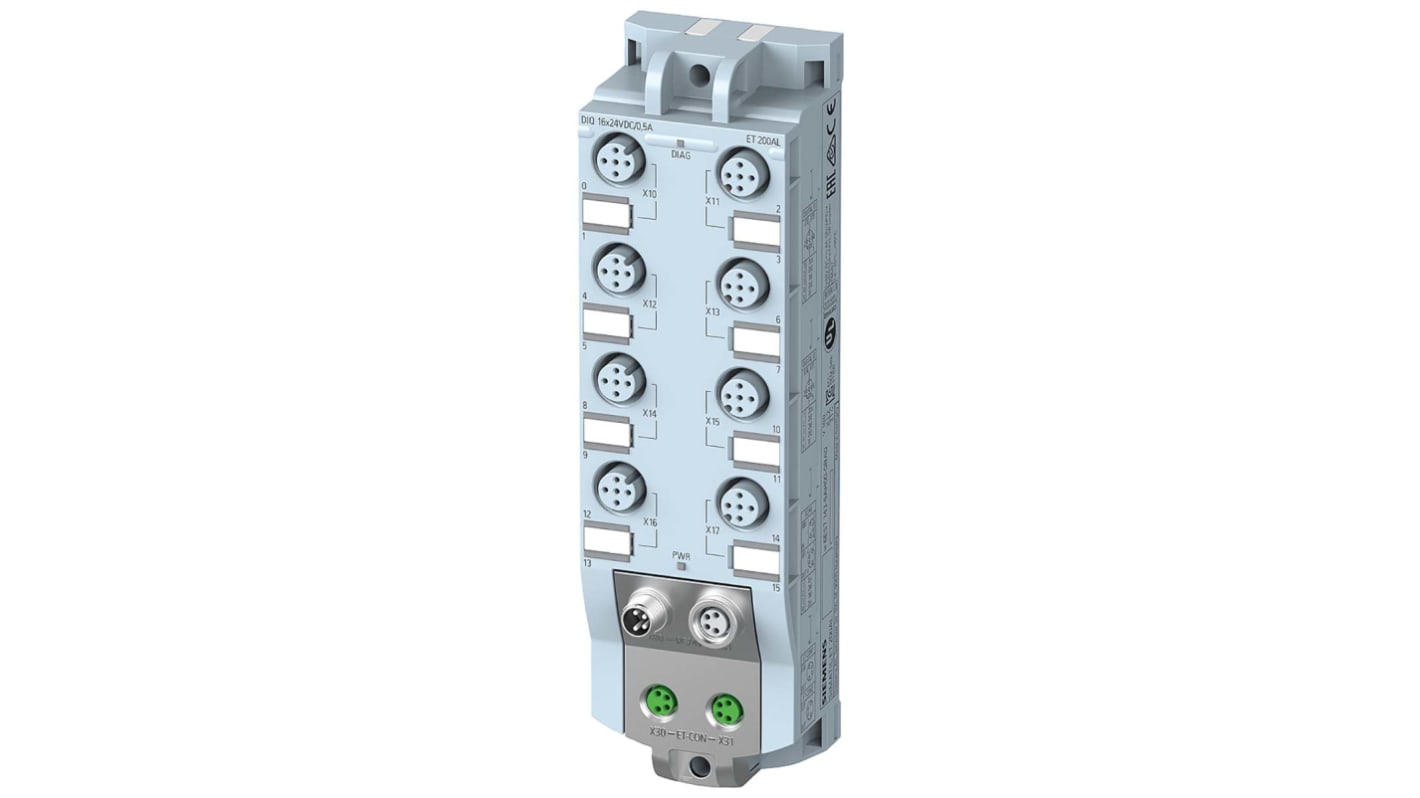 Modulo I/O digitale Siemens 6ES7143-5AH00-0BA0, 16 ingressi 24 V c.c., 8 uscite, IP65/67, dimensioni 159 x 45 x 40 mm.