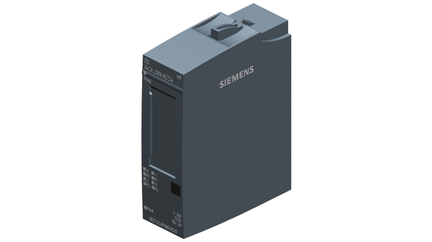 Modulo I/O digitale Siemens 6ES7132-6FD00-0CU0 per automazione, uscita DQ 4x 24-230V AC, dimensioni 73 x 20 x 58 mm.