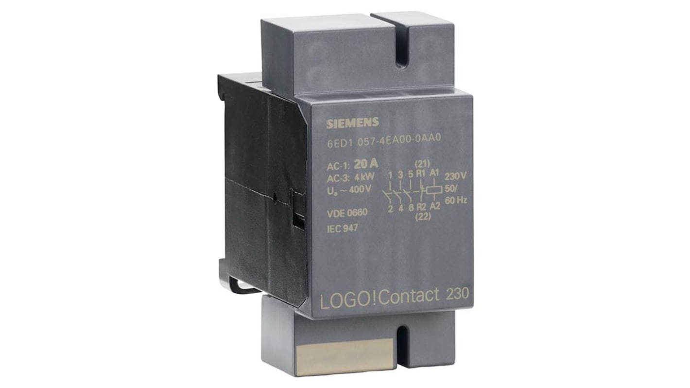 Contattore Siemens 6ED1057-4EA00-0AA0, 3 poli, 20 A, 230 V c.a., dimensioni 36x72x55 mm, per automazione industriale.