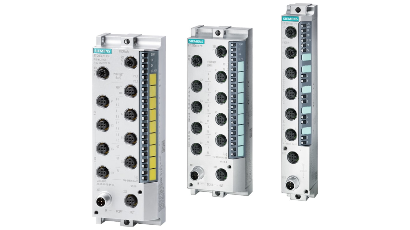 Modulo I/O digitale Siemens 6ES7141-6BF00-0AB0, serie ET 200, 8 ingressi 24 V c.c., 4 uscite, IP65/67, dimensioni 200 x 30 x 49 mm.